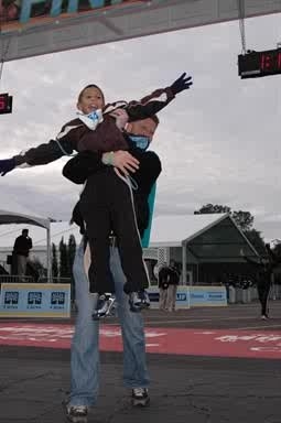 Jaylen and Uncle D at the finish line Disney and TSA 5K Run 2010